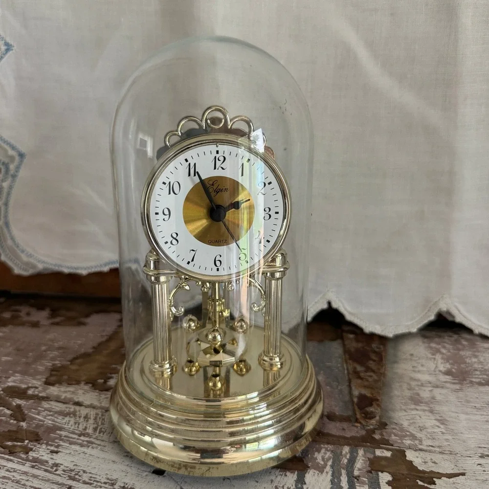 Elgin Quartz Anniversary Dome Clock Gold Tone Rotating Pendulum Decorative